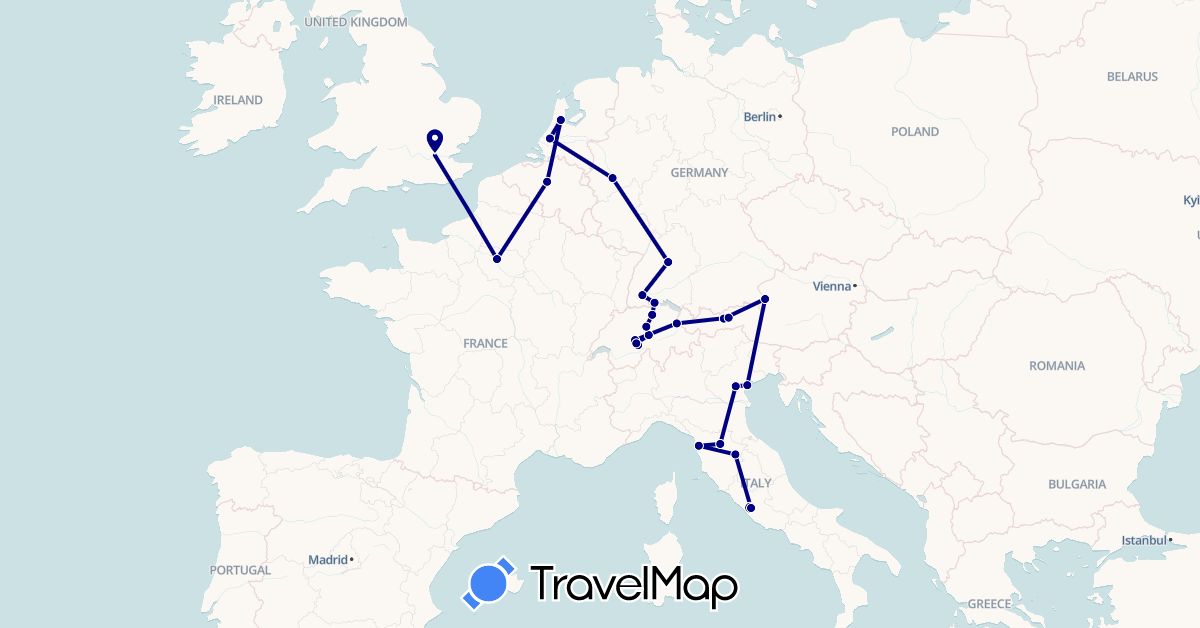 TravelMap itinerary: driving in Austria, Belgium, Switzerland, Germany, France, United Kingdom, Italy, Liechtenstein, Netherlands, Vatican City (Europe)